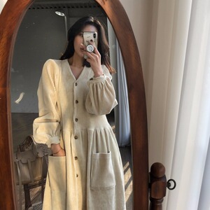 Korea Cherrykoko2020 autumn temperament all-match new product velvet simple corduroy dress