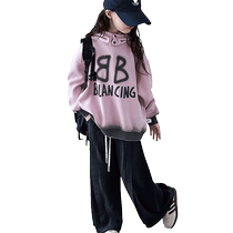 Yibei childrens spring and autumn hooded sweatshirt set 2024 autumn new casual sports wide-leg pants two-piece set