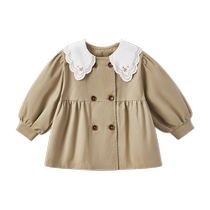 Girls coat spring and autumn childrens contrasting British lapel khaki retro cardigan pure cotton baby autumn windbreaker