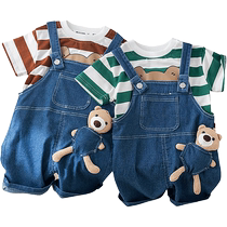 Yibeitong boys summer denim overalls suit baby summer short-sleeved two-piece set for small children and baby boomers