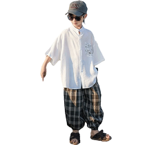 Yibeitong boys summer short-sleeved shirt suit 2024 new childrens clothing summer tops for big children half-sleeved
