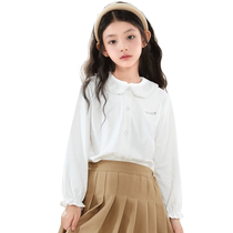 Girls pure cotton white shirt 2024 autumn new childrens lapel shirt back-to-school season air-conditioned shirt long-sleeved T jacket