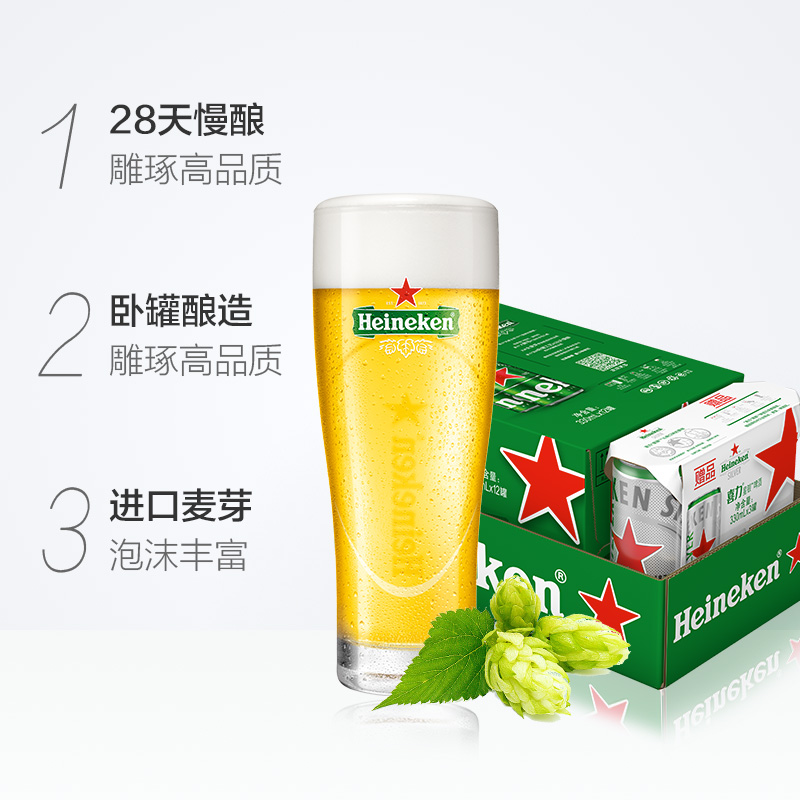 Heineken 喜力 啤酒 330mL*15听（经典12听+星银3听）聚划算多重优惠折后￥64包邮