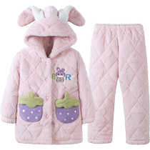 Ruluoxi childrens pajamas girls winter coral velvet quilted thickened mid-length flannel medium and large childrens home clothes