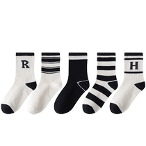 (Trendy and Cool Wear) New Autumn and Winter Classic Striped Boys Socks Comfortable and Versatile Middle-to-Large Childrens Mid-Tube Socks for Men