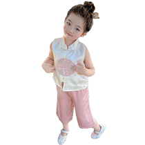 kmi girls national style suit summer 2024 girl baby sleeveless summer suit new Chinese style childrens two-piece set