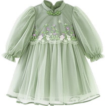 Mini Bala mesh long-sleeved dress for girls and babies with sweet and skin-friendly Chinese style 2024 autumn new style splicing style