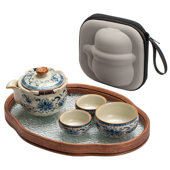 Tang feng ru kiln ຊຸດຊາເດີນທາງສີຟ້າແລະສີຂາວ, ຫມໍ້ຫນຶ່ງແລະສາມຈອກ