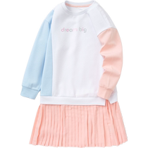 Balabala Girls Dress Spring and Autumn Childrens Clothes Big Children Contrast Color Stitching Fashion Simple Sports Pleated Skirt