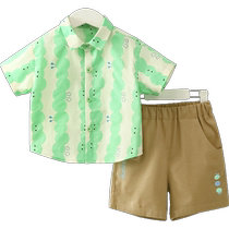 (100% cotton) Qiqi Bear Baby Shirt Set Boys Summer Two-piece Set Childrens Lapel Short Sleeves