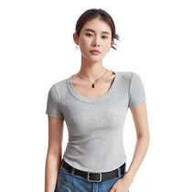 Catman antibacterial womens short-sleeved thread slim waist U-neck top bottoming shirt new front shoulder solid color basic T-shirt
