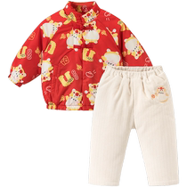 Baby quilted coat and trousers two-piece set winter warm baby clothes set New Years greetings red one-year-old New Years Eve