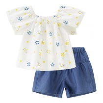 Guiqi Bear baby girl shorts short-sleeved split suit summer thin baby clothes and pants two-piece set for going out