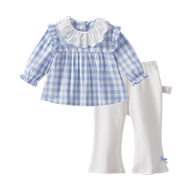 Baby girl autumn clothing suit childrens plaid two-piece set childrens lapel childrens clothing pure cotton 2024 baby early autumn clothes