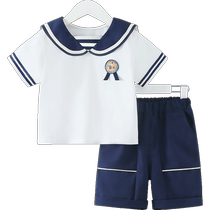Qi Qi Xiong boys suit summer dress baby navy style two-piece set doll collar childrens college style summer