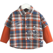 Qi Qi Xiong boys long-sleeved shirt spring and autumn baby fake two-piece plaid shirt childrens autumn clothing baby shirt jacket