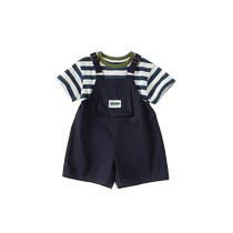 INSbob girls suit fashionable striped boy short-sleeved overalls shorts suit fashionable casual childrens clothes summer