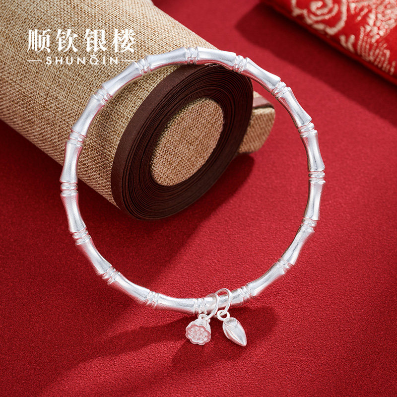 Shunqin Silver Shop Pure Silver Two-Generation Bamboo Knot Bracelet, Versatile, Simple, Timeless Classic Bracelet, Holiday Gift