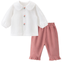 Baby girl fashionable clothes and pants two-piece set spring and autumn girl doll collar cute set baby outing one-year-old clothing