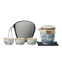 Gold inlaid corn yellow Ru kiln blue and white travel tea set portable quick cup outdoor camping ceramic teapot tea cup