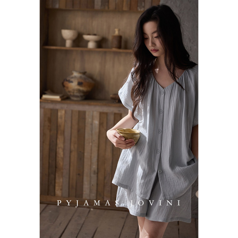 Qiaowei Ni Pajamas for Women, Summer Short-Sleeve Shorts, Pure Cotton Gauze, Baby Cotton with Chest Pad, Integrated Cool Thin Set