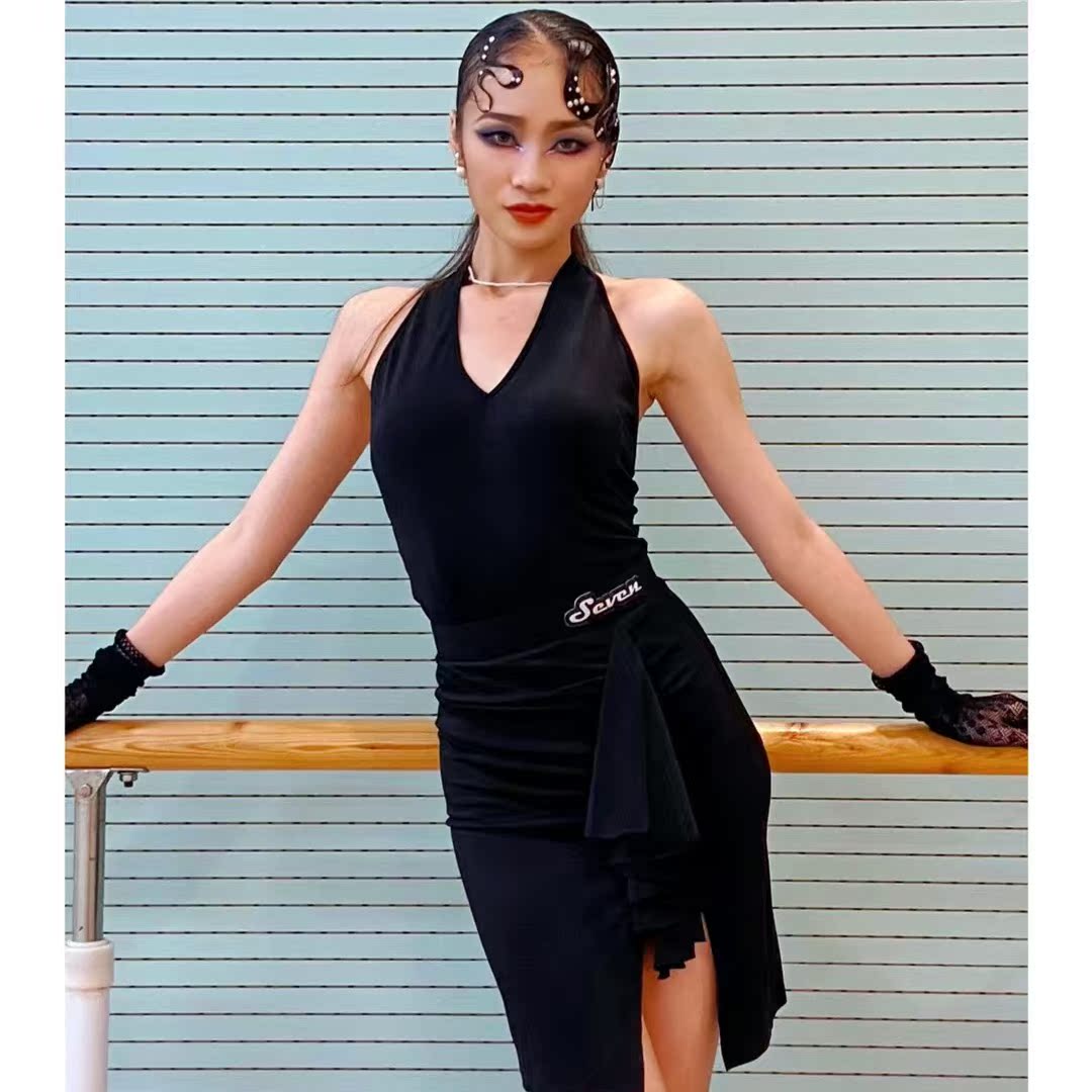 Microminiature Dance Suit SEVEN Latin Dance Practice with hanging neck one-piece dress with classic pituality little black dress