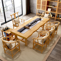 New Chinese Log Large Board Tea Tea Table Home Solid Wood Tea Table Office Drinking Tea Zen tea table and chairs combination