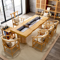 Tea table and chairs Combined new Chinese Kung Fu Zen Grand Plate Log Tea Table Tea Table Solid Wood Office Tea Table