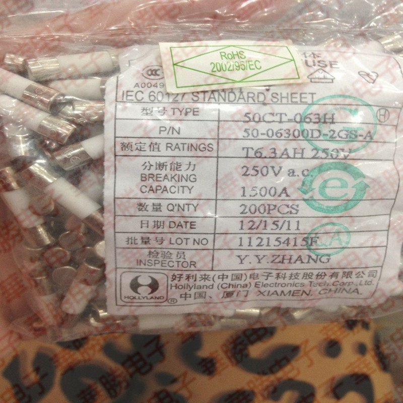Holly 50CT-063H 50CT T6 3AH250V slow melting slow breaking 5X20 footless ceramic fuse tube