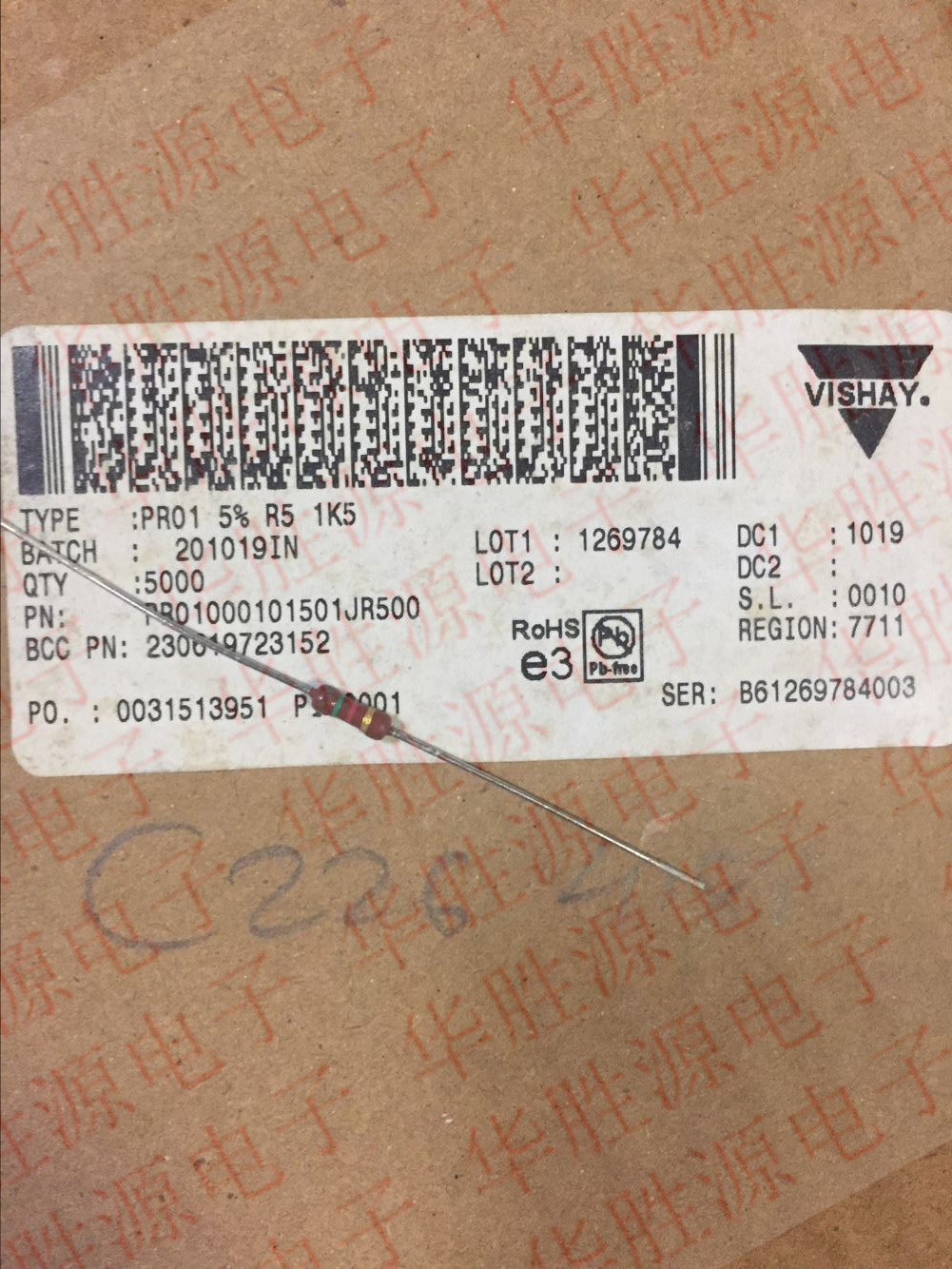 Metal oxide film resistance PR01F 1W 1 5K 1K5 quad colour ring 5% 1 4W volume copper foot resistance