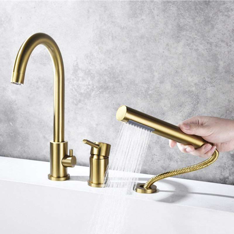Bathtub Tap Full Copper Swivel Three Holes Two-piece Type Cylinder Side Shower Shower Shower wire drawing gold double cut black hot and cold single handle
