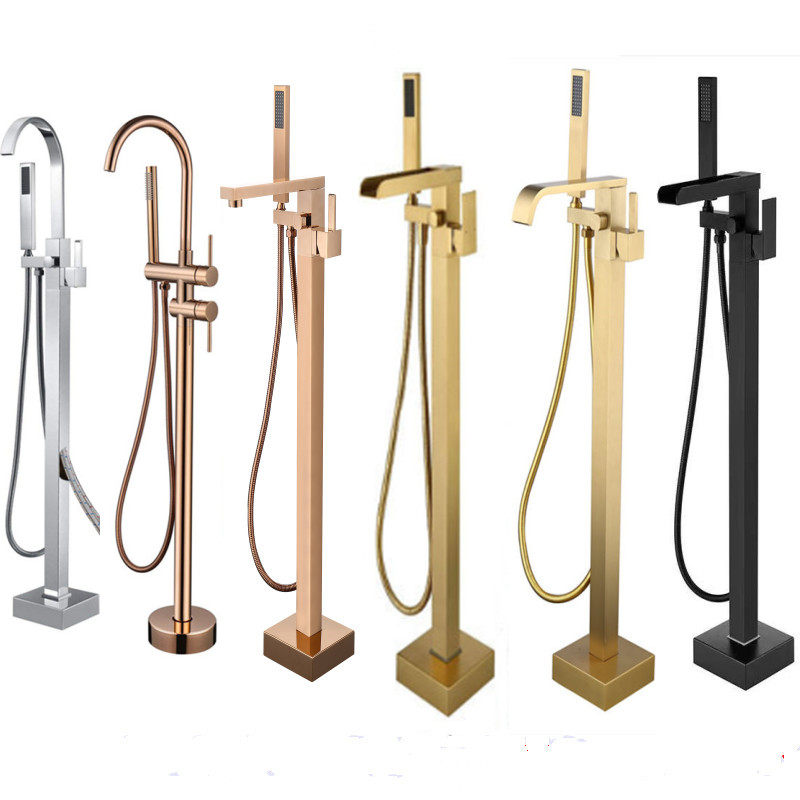 Bathroom floor bathtub tap hot and cold water vertical wood barrel column basin gun grey gold double cut shower shower Miner