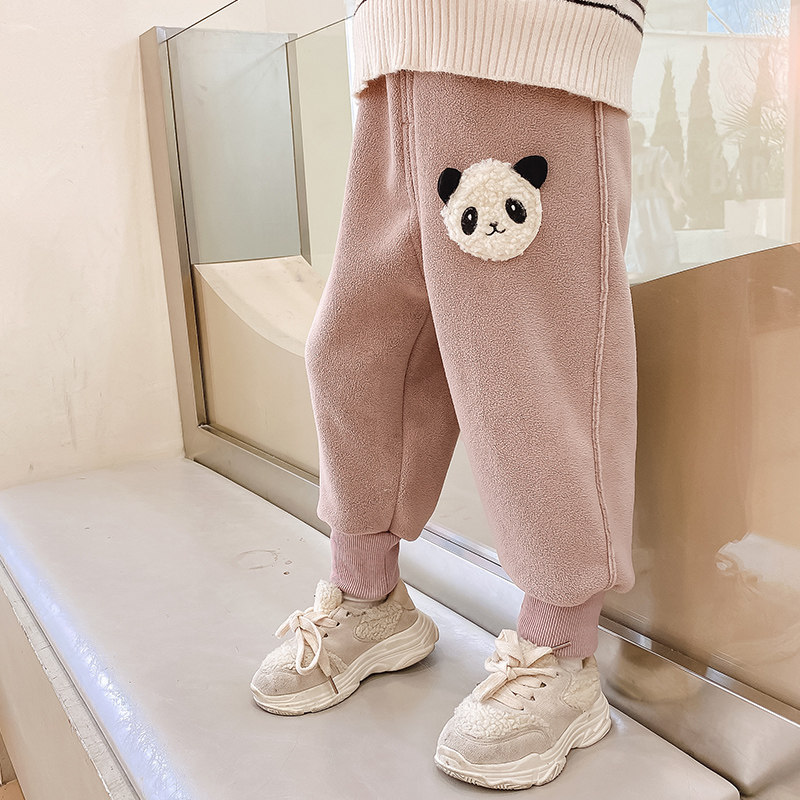 Girls plus fleece warm pants integrated fleece baby spring and autumn sports pants children's autumn and winter children's pants thin fleece