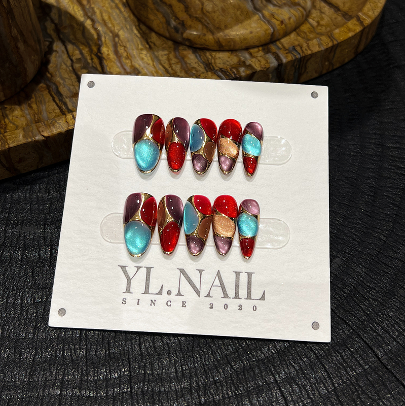 【Yl.Nail Fantasy Tale】Handmade Nail Tips ins Unique Color Block Cat Eye Advanced Whitening Wearable Nails