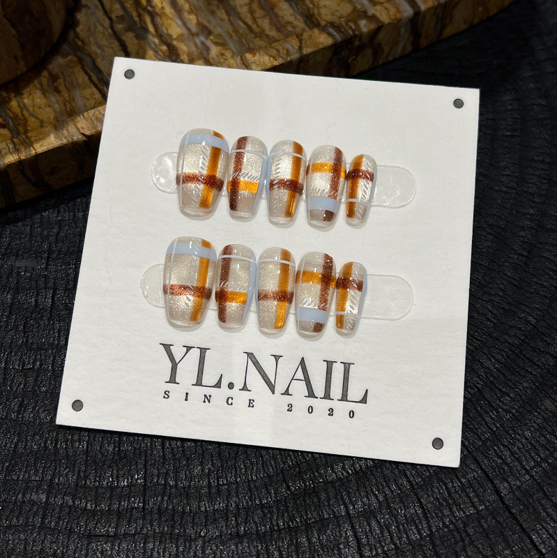 【Yl.Nail Blue Nordic】Handmade Nail Tips ins Unique Cat Eye Hand-Painted Checkered Design Brightening Wearable Nails 【Yl.Nail Blue Nordic】Handmade Nail Tips ins Unique Cat Eye Hand-Painted Checkered Design Brightening Wearable Nails
