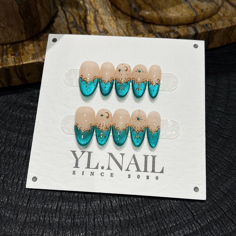【Yl.Nail Angel Bay】Handmade Nail Tips ins Unique Hand-Painted French Lake Blue Cat Eye Star and Moon Press-On Nails 【Yl.Nail Angel Bay】Handmade Nail Tips ins Unique Hand-Painted French Lake Blue Cat Eye Star and Moon Press-On Nails