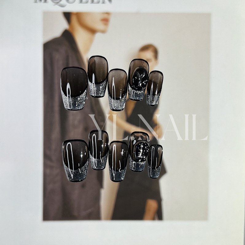【Yl.Nail Endorser】Handmade Nail Tips ins Unique Black Gradient French Letter High-End Wearable Nails