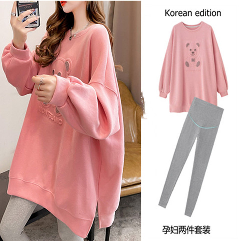 Oversized 2022 spring and autumn pregnant women mid-length version loose split fashion thick T-shirt women's cotton suit 200 jin tide