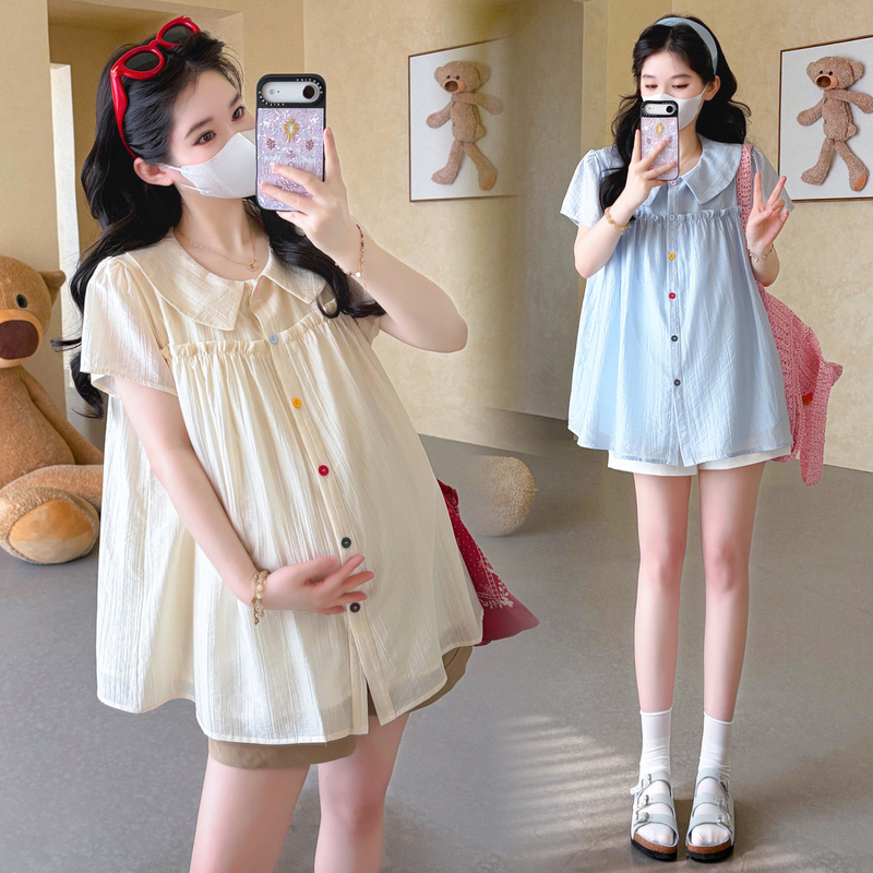 Plus-Size Maternity Shirt 2026 Summer Korean Style Turn-Down Collar Doll Shirt Short-Sleeve Top Stylish and Age-Reducing Slimming Effect 100kg