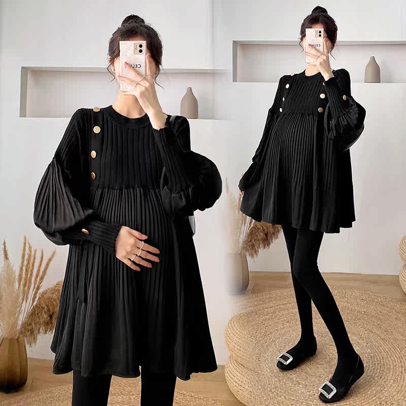 Oversized size pregnant woman Yangdress Spring in long version lantern sleeves Belly Belly Plexu Skirt Long Sleeve Blouse Loose 200 catty