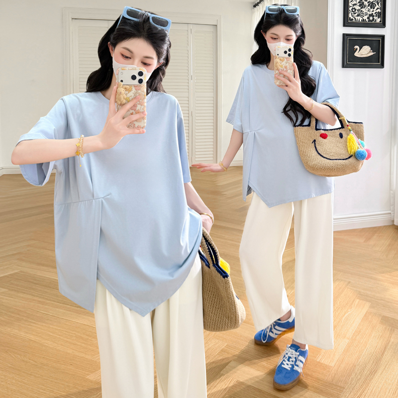 Plus-Size Maternity Short-Sleeve T-Shirt, Summer 2026 New Fashion Design, Drawstring Top for Trendy Moms, Slimming Effect 100kg
