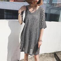 Plus Fat Overweight Pregnant Woman Short Sleeve Striped Dress Dress Summer Women Fat Mm Korean Version Loose t-shirt Skirt Boomer 200 catty