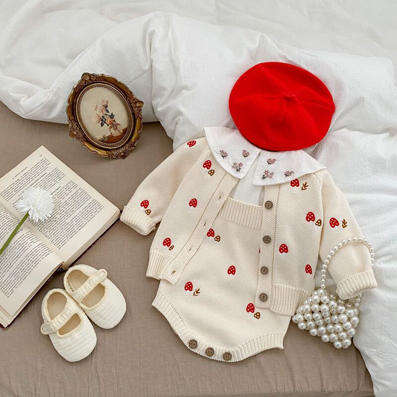 Spring and Autumn Baby Clothes, Cute Baby Girl Mushroom Embroidered Sweater Jacket, Sleeveless Suspender Romper, Crawling Clothes, Base Shirt