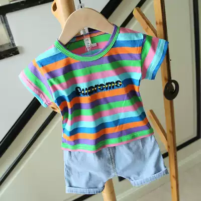 Clearance Baby Stripe Short Sleeve T-Shirt Denim Shorts Korean Short Sleeve Set 131