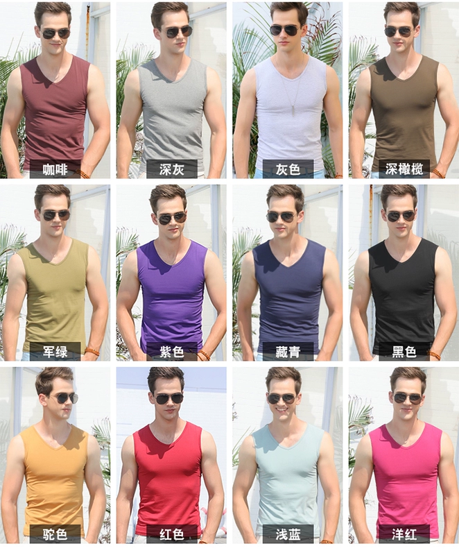 Áo vest nam tay ngắn Áo thun cotton ngắn Quần áo sơ mi cơ bắp Cổ gà hình trái tim Không tay Áo thun cổ chữ V