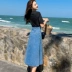 Mùa thu 2019 hè mới Hồng Kông hương vị retro eo cao thon váy ô dài phần váy denim váy một từ - Váy