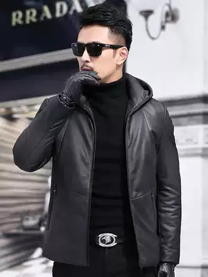 Leather down jacket men's hooded short slim Korean version of Haining leather jacket sheep leather jacket men's fur jacket