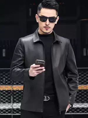 Haining leather leather men's top sheepskin lapel thin leather jacket short Deer skin pattern middle-aged dad