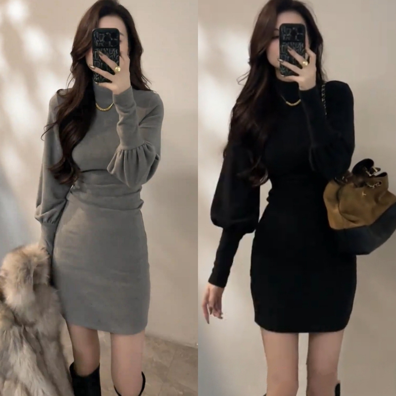 Korean-Style Lantern Sleeve Velvet Thickened Dress for Women, Autumn and Winter, Pleated Waist, Slimming Long-Sleeve Base Dress, Short Skirt