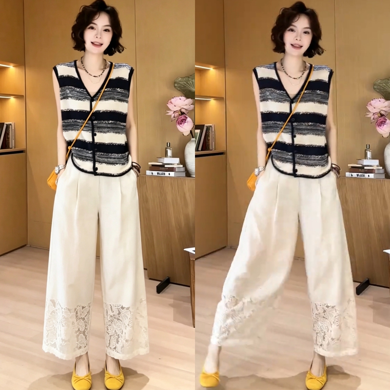 European Style Color-Block Striped Vest Knit Top Lace Patchwork Cropped Pants Wide-Leg Pants Two-Piece Set for Women Summer